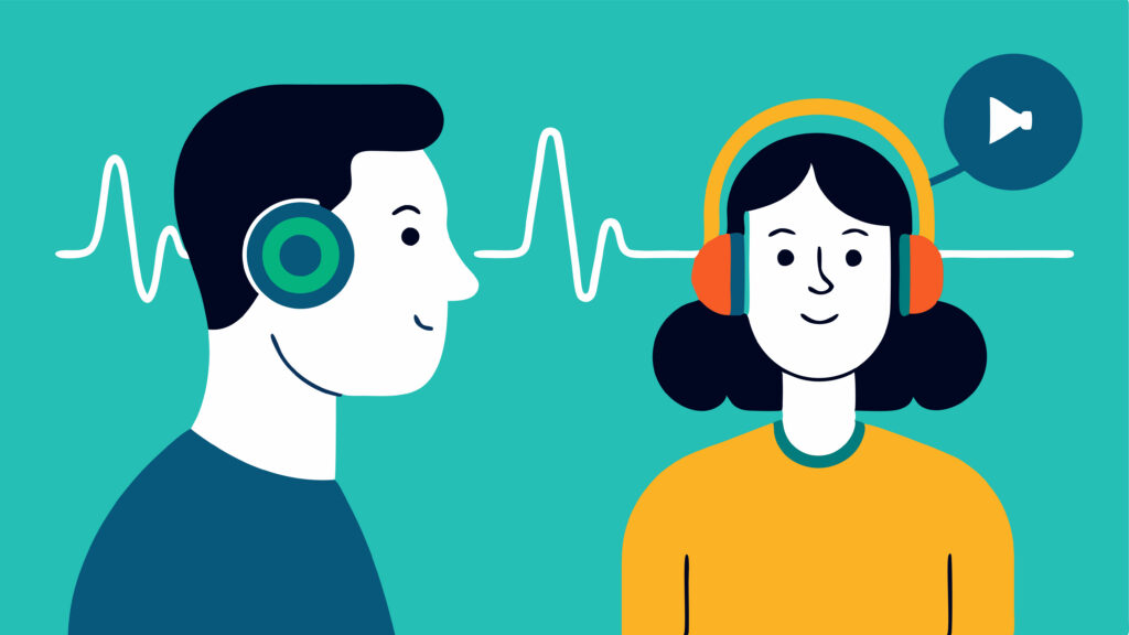 Hearing Test A patient wearing headphones with sound waves visualized as an audiologist conducts a hearing screening