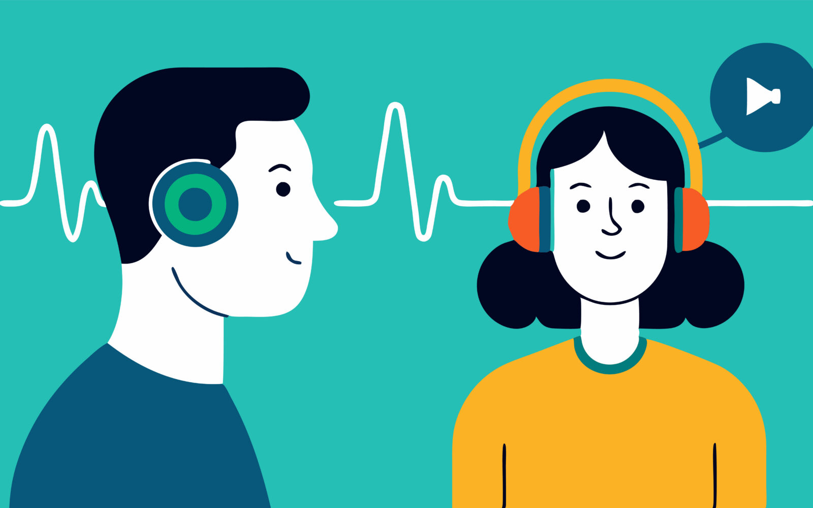 Hearing Test A patient wearing headphones with sound waves visualized as an audiologist conducts a hearing screening