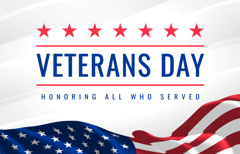 Veterans Day Honoring All Who Served Poster 11th of November Usa Veterans Day celebration American national holiday Red stars, invitation text and waving Us flag on white background