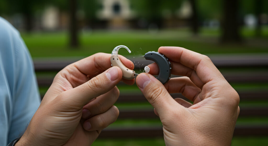 Person Adjusting Hearing Aids in Outdoor Park Setting with Greenery and Soft Natural Light