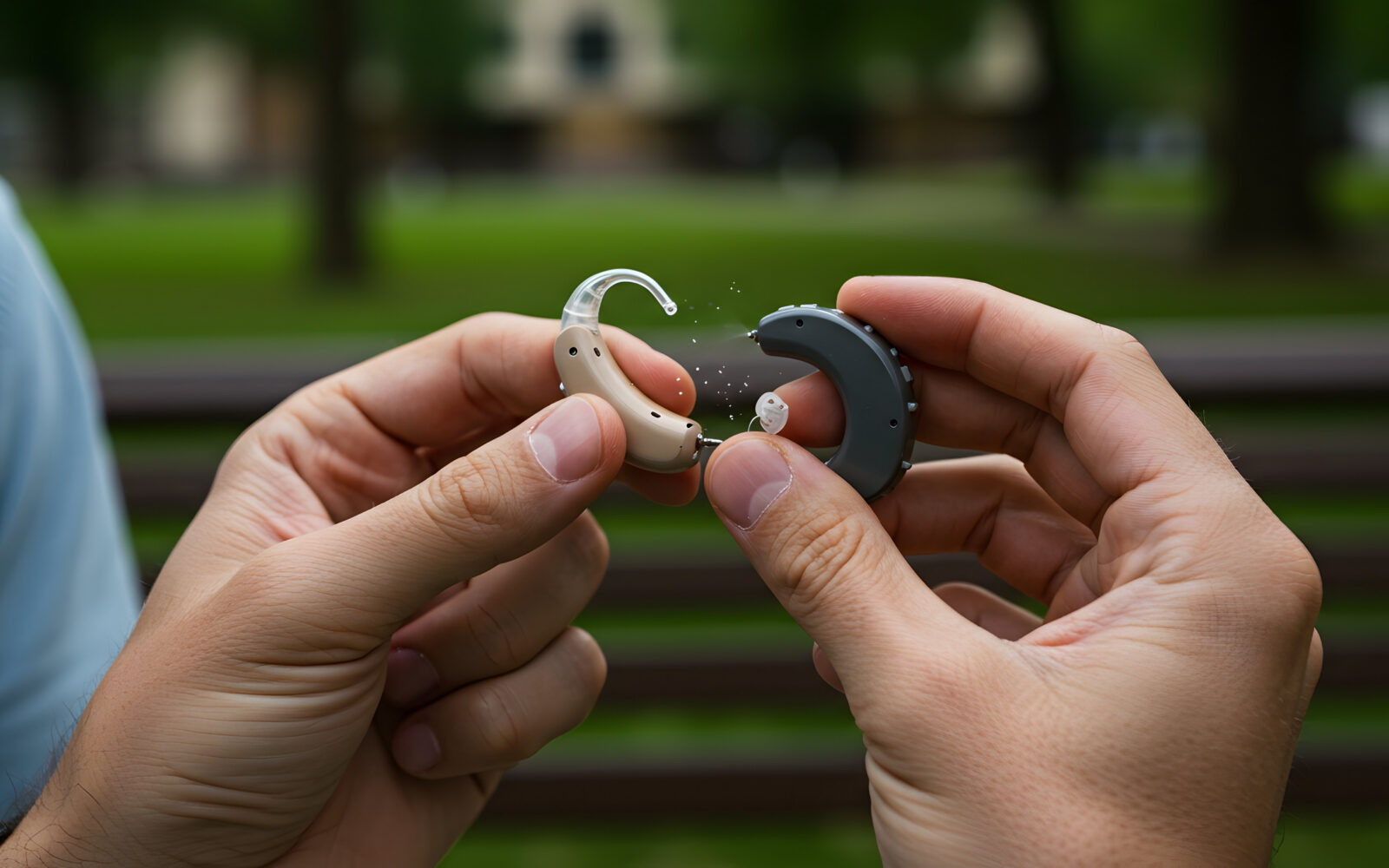 Person Adjusting Hearing Aids in Outdoor Park Setting with Greenery and Soft Natural Light
