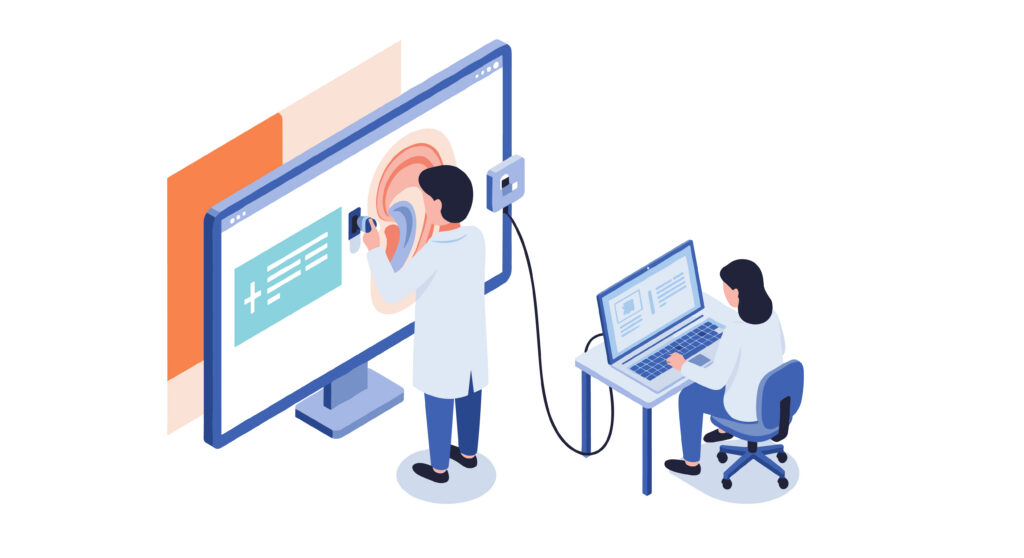 Isometric audiology examination with modern equipment in clinical setting