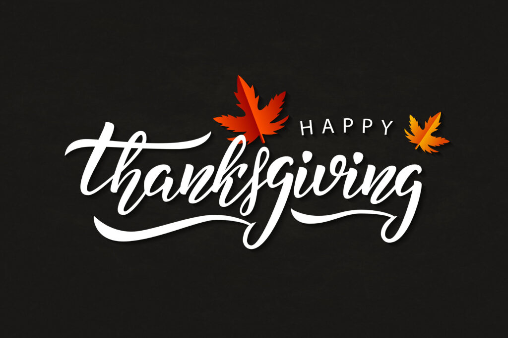 Vector realistic isolated typography logo for Happy Thanksgiving Day with autumn leaves for decoration and covering on the chalk background
