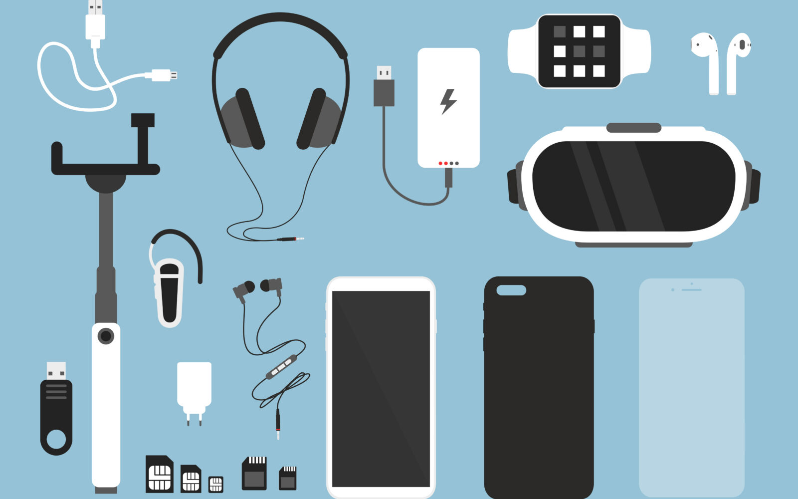 Vector illustration set of smartphone and accessories for it Phone with case, charger, headphones and protective glass, cover and other things for smartphone in flat cartoon style