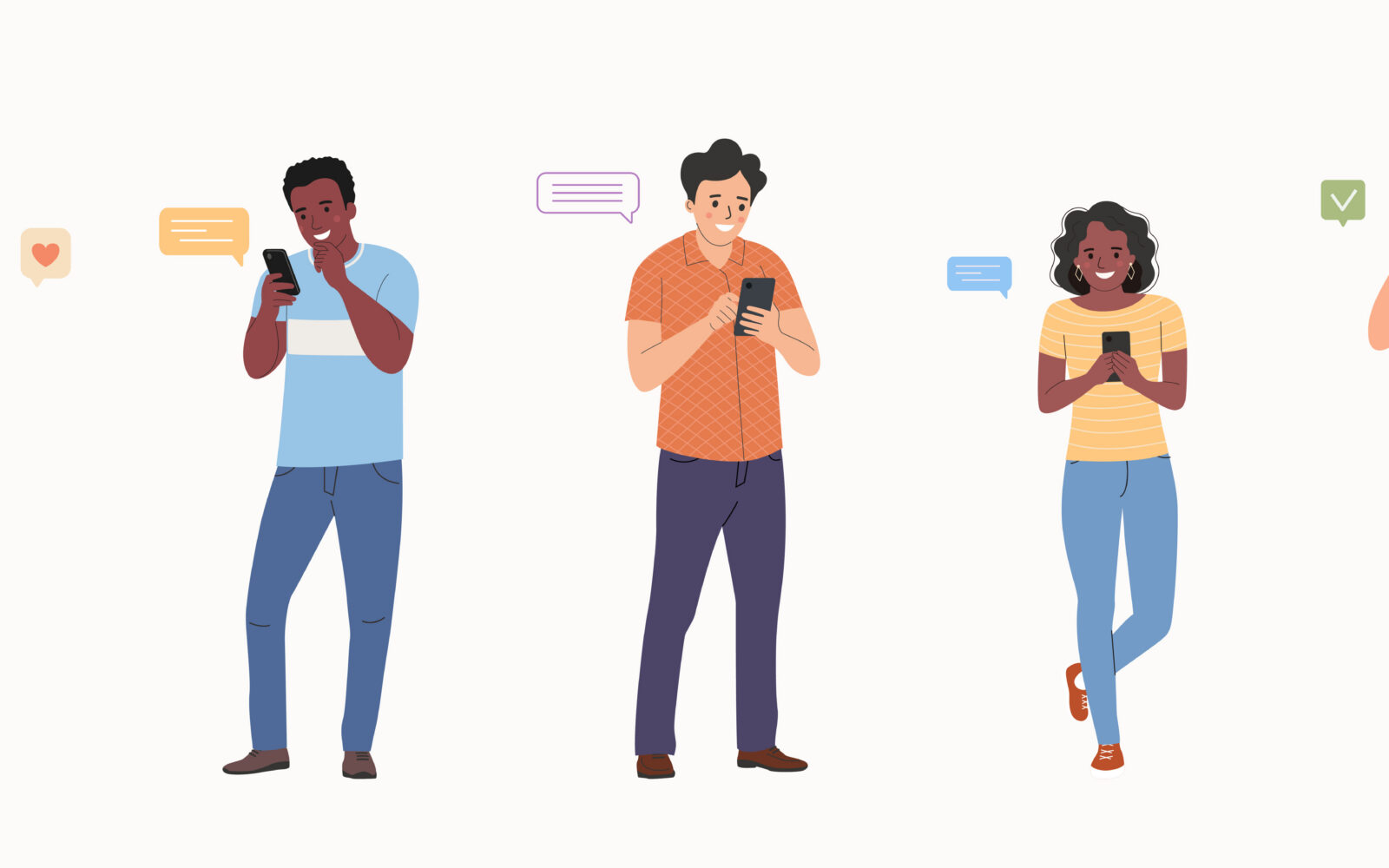 Different young women and men look into the smartphone People stand full body Flat style cartoon vector illustration