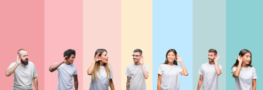Collage of different ethnics young people wearing white t shirt over colorful isolated background smiling with hand over ear listening an hearing to rumor or gossip Deafness concept
