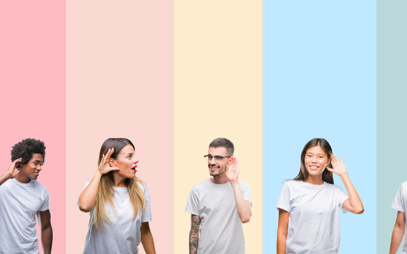 Collage of different ethnics young people wearing white t shirt over colorful isolated background smiling with hand over ear listening an hearing to rumor or gossip Deafness concept