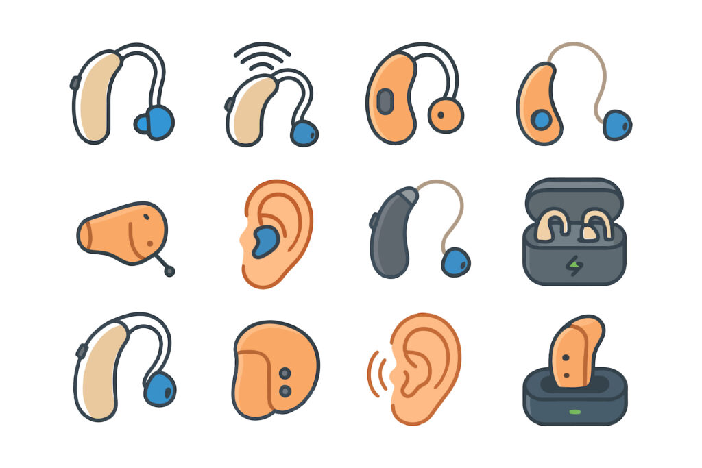 Collection of hearing aids and cochlear implants in various styles and designs