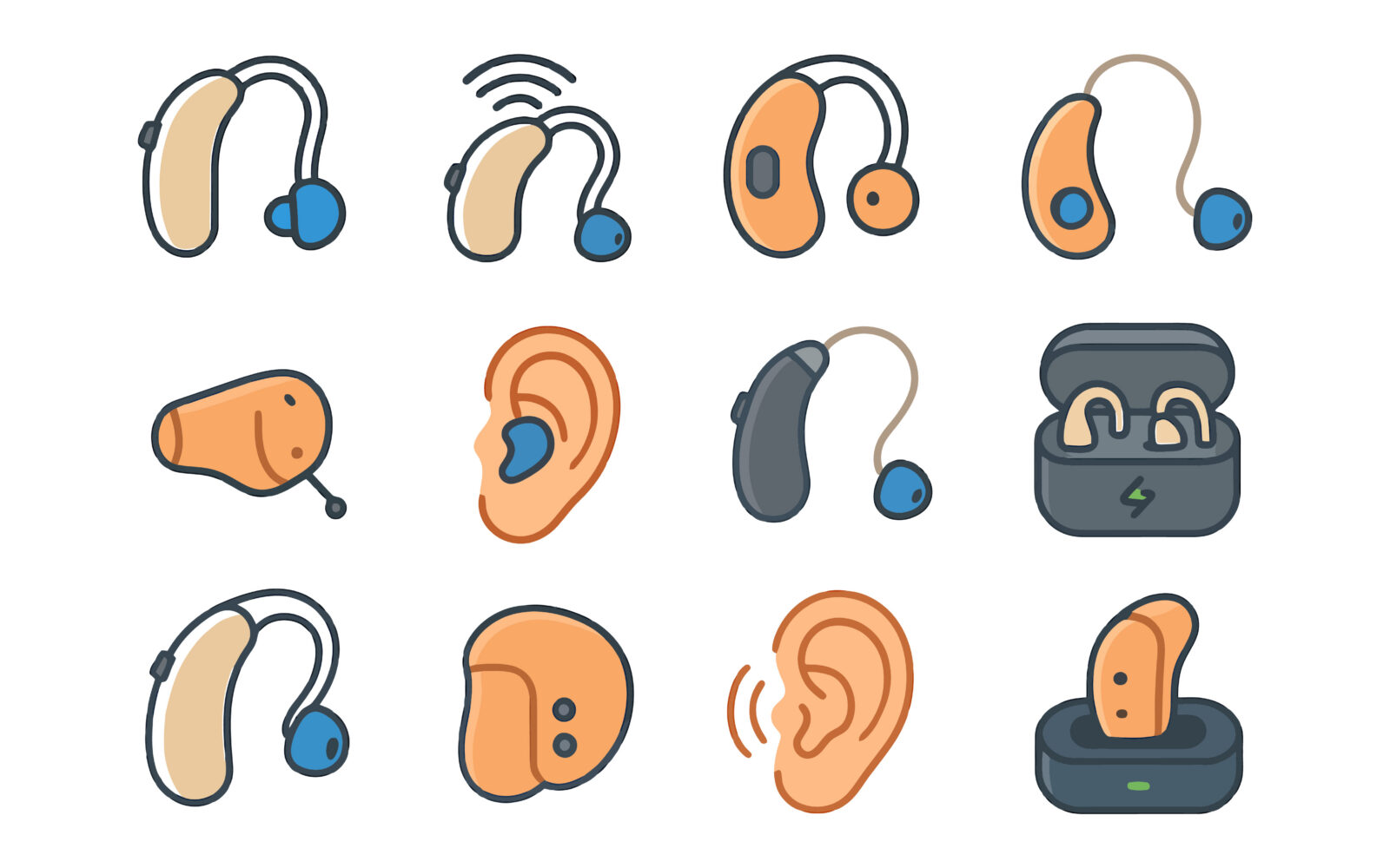 Collection of hearing aids and cochlear implants in various styles and designs