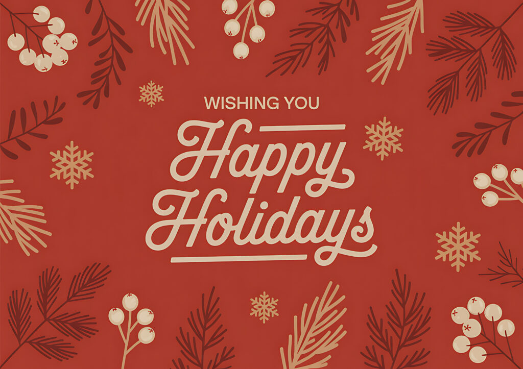 Elegant red background with golden festive holiday greetings and botanical elements