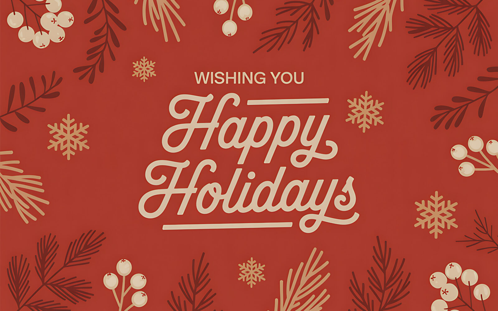 Elegant red background with golden festive holiday greetings and botanical elements