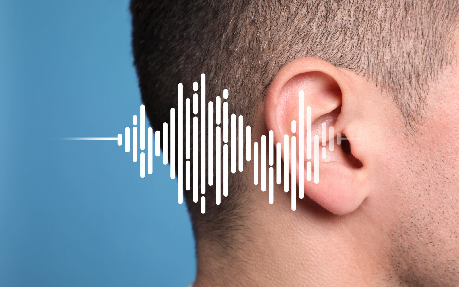 Hearing loss concept Man and sound waves illustration on light blue background, closeup