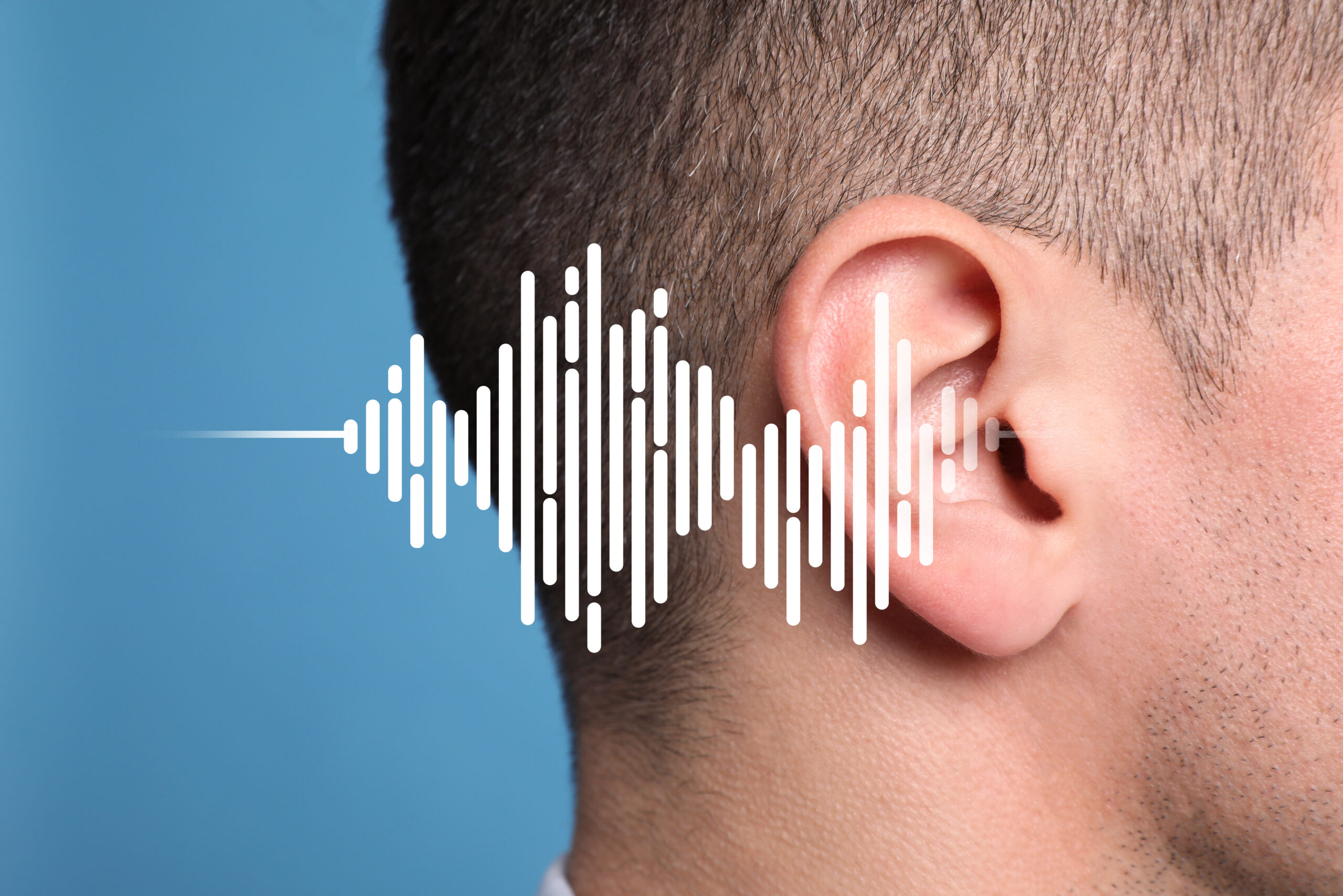 Hearing loss concept Man and sound waves illustration on light blue background, closeup