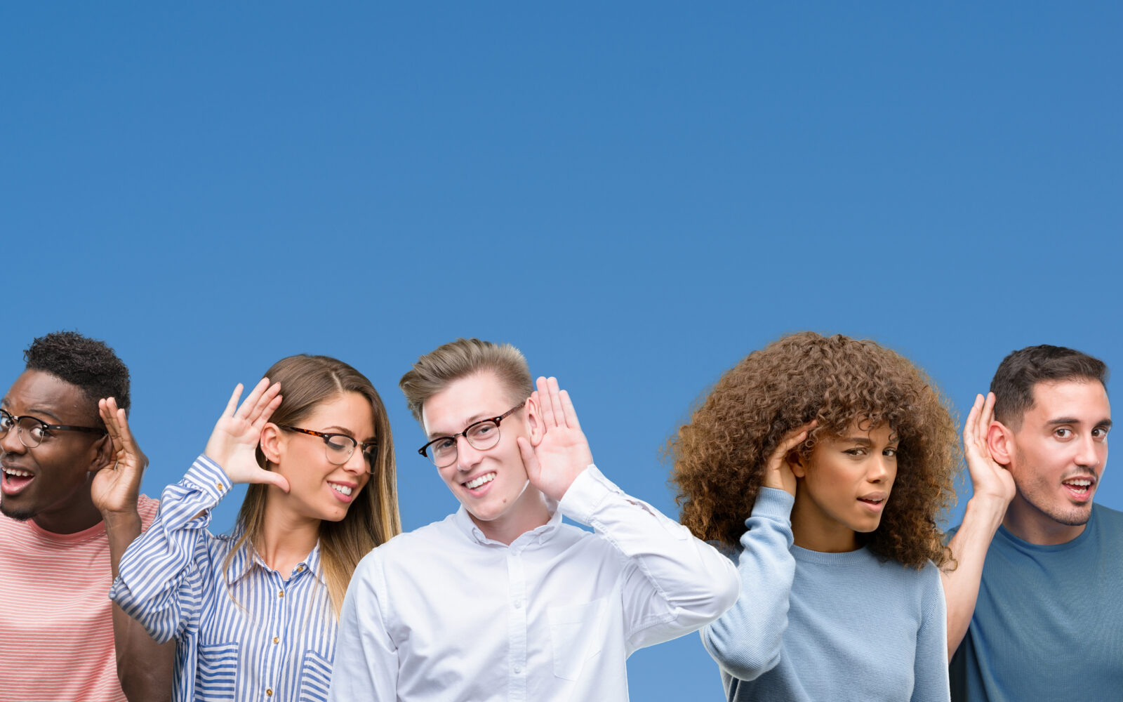 Composition of group of friends over blue blackground smiling with hand over ear listening an hearing to rumor or gossip Deafness concept