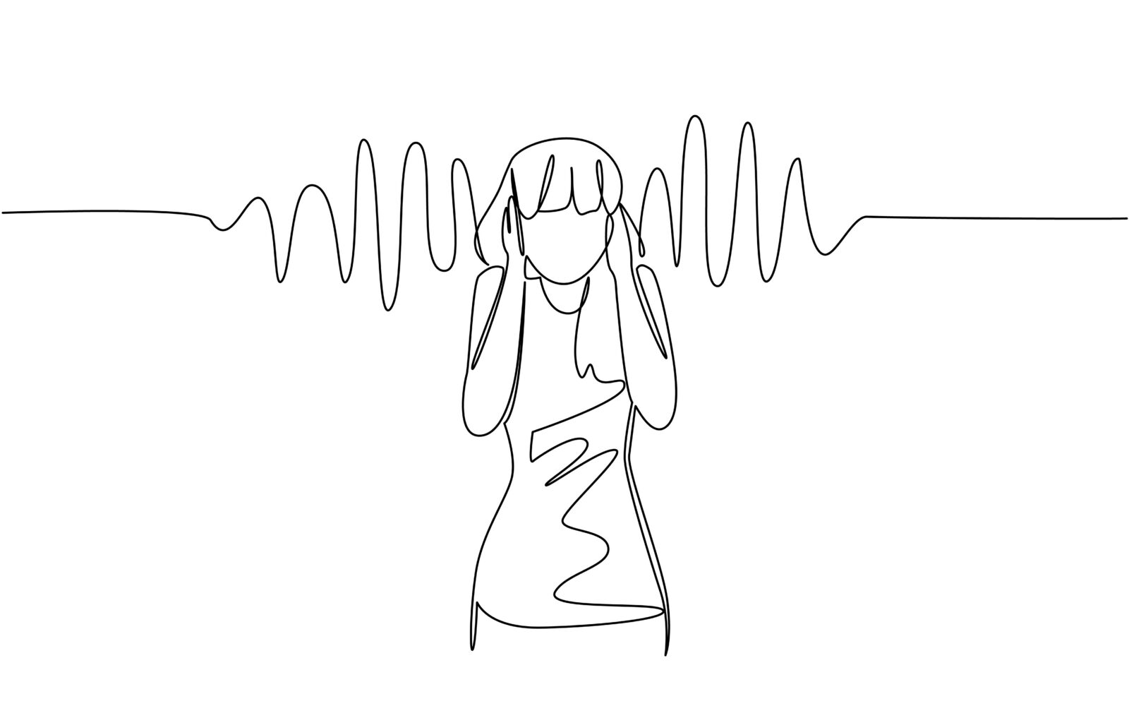 Single continuous line drawing a young woman in casual clothes holds ears with both hands and sound wave effects Dizzy with noise National Save Your Hearing Day One line design vector illustration