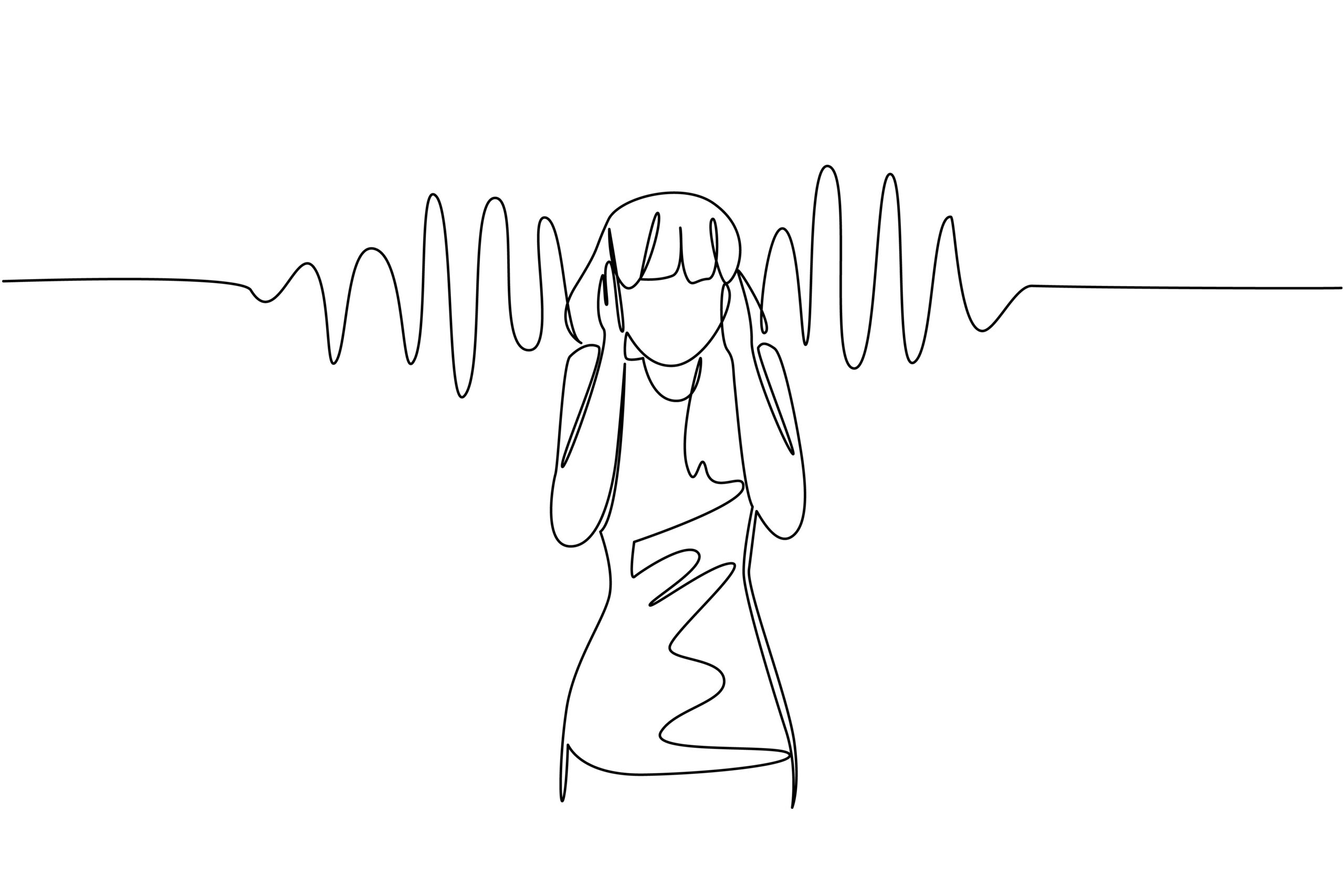 Single continuous line drawing a young woman in casual clothes holds ears with both hands and sound wave effects Dizzy with noise National Save Your Hearing Day One line design vector illustration