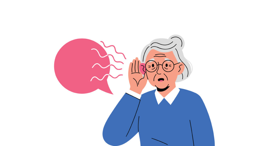 Elderly woman with glasses cupping her hand to her ear to listen better illustrating hearing loss or difficulty hearing