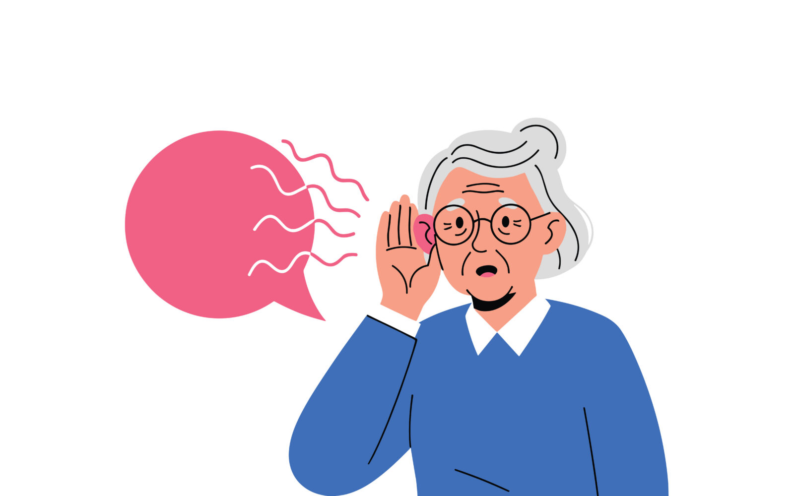 Elderly woman with glasses cupping her hand to her ear to listen better illustrating hearing loss or difficulty hearing