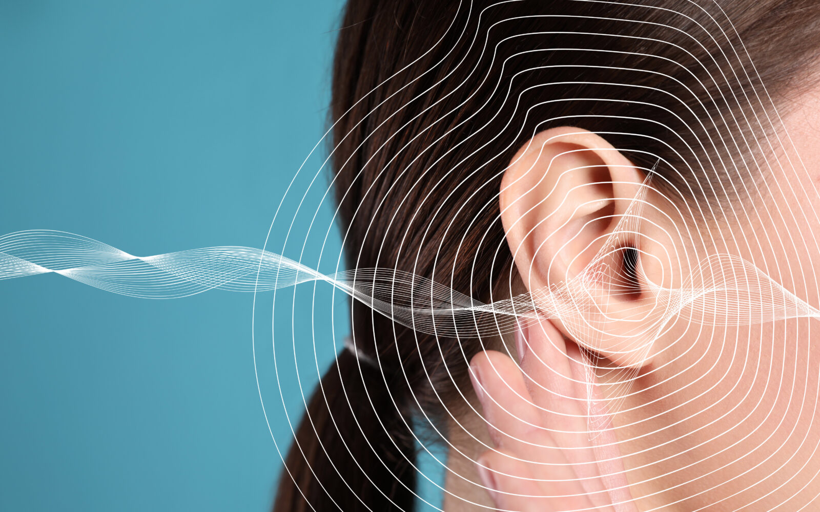 Hearing loss concept Woman and sound waves illustration on ligh