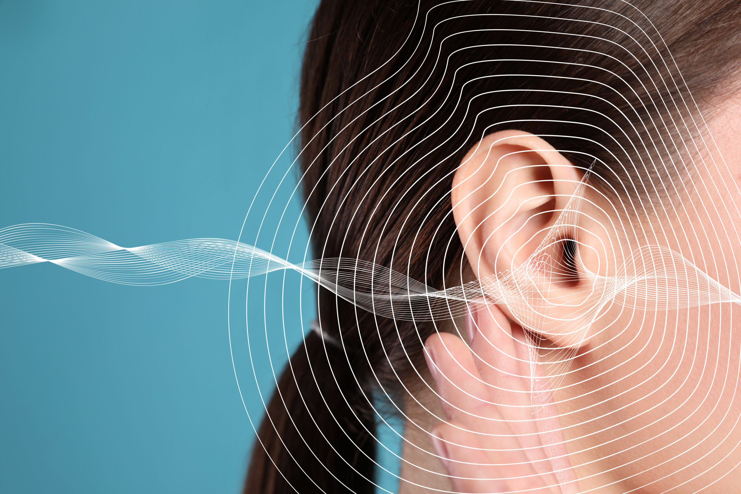 Hearing loss concept Woman and sound waves illustration on ligh