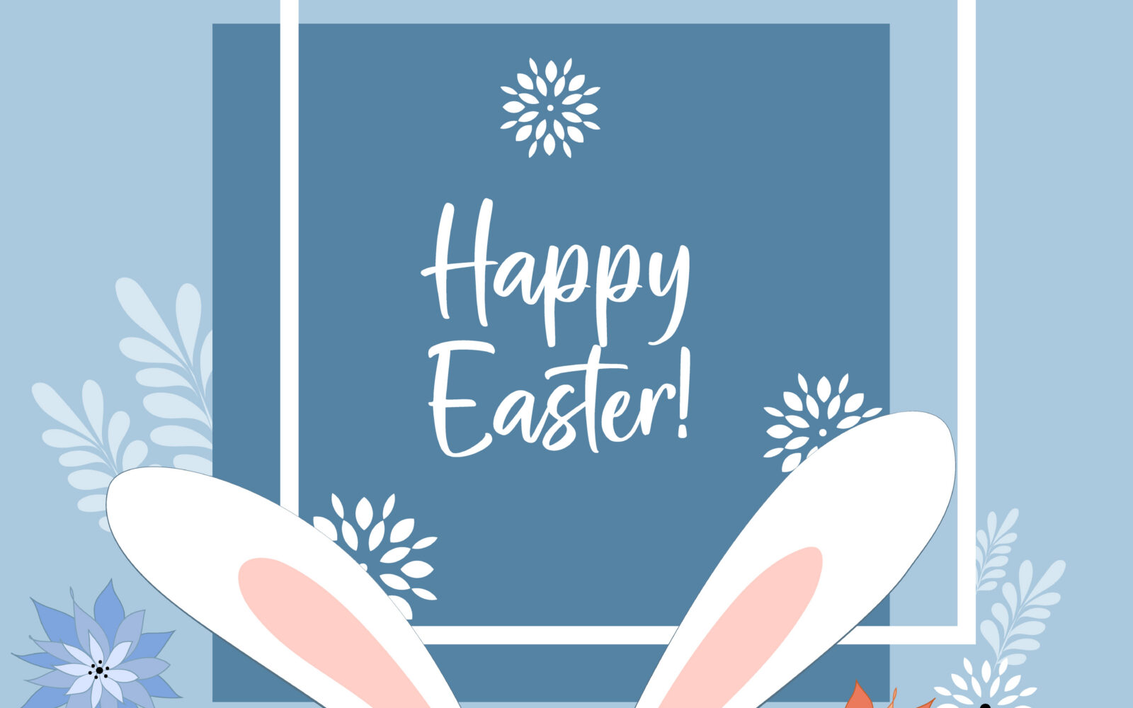 Vector illustration "Happy Easter" with rabbit ears and flowers with grass; The Holiday card for spring holidays in blue colors