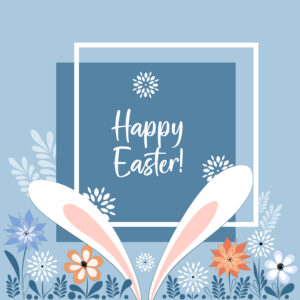 Vector illustration "Happy Easter" with rabbit ears and flowers with grass; The Holiday card for spring holidays in blue colors