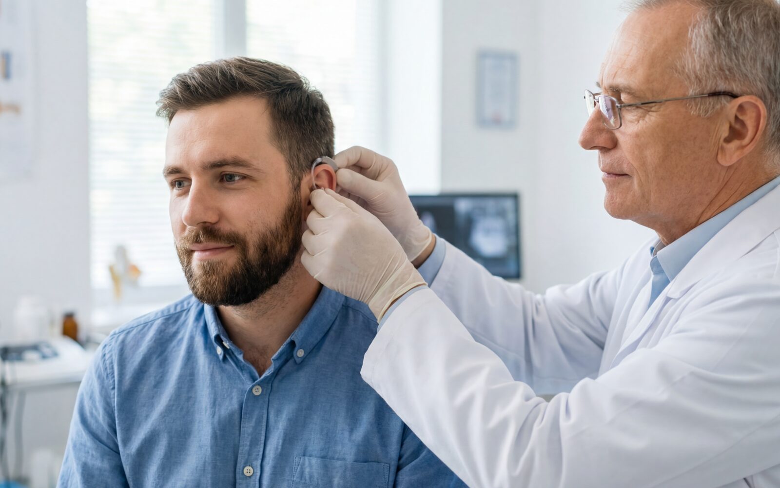 Doctor Fitting Hearing Aid for Patient