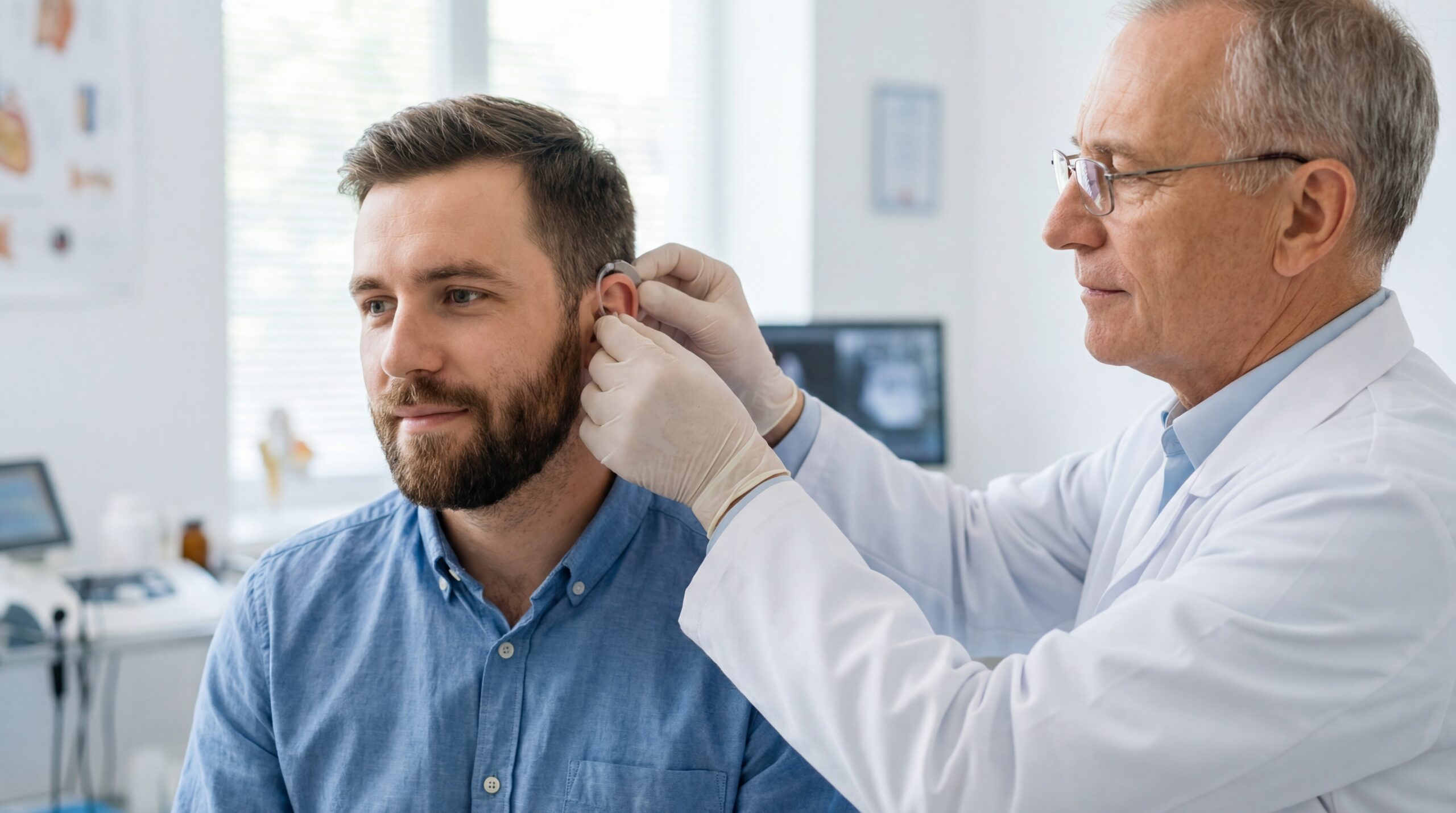 Doctor Fitting Hearing Aid for Patient