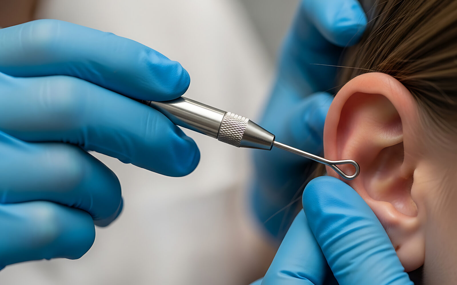 Professional ear cleaning procedure with a medical tool and gloved hands