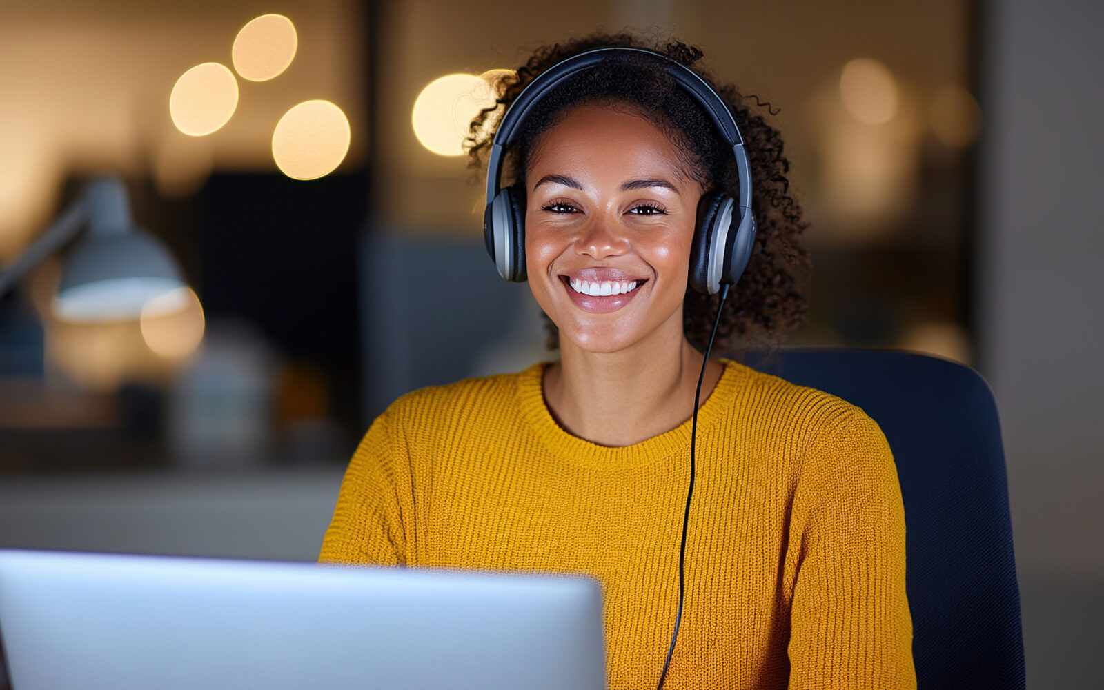 Remote worker wearing noise canceling headphones smiles while using laptop in cozy workspace