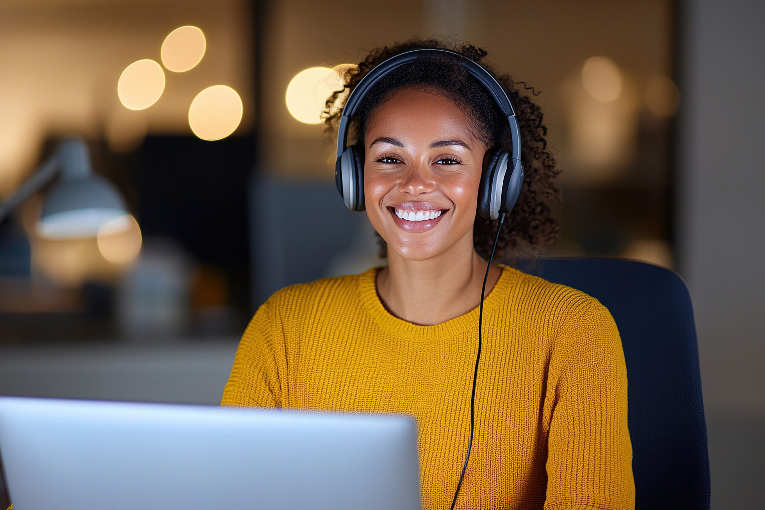Remote worker wearing noise canceling headphones smiles while using laptop in cozy workspace