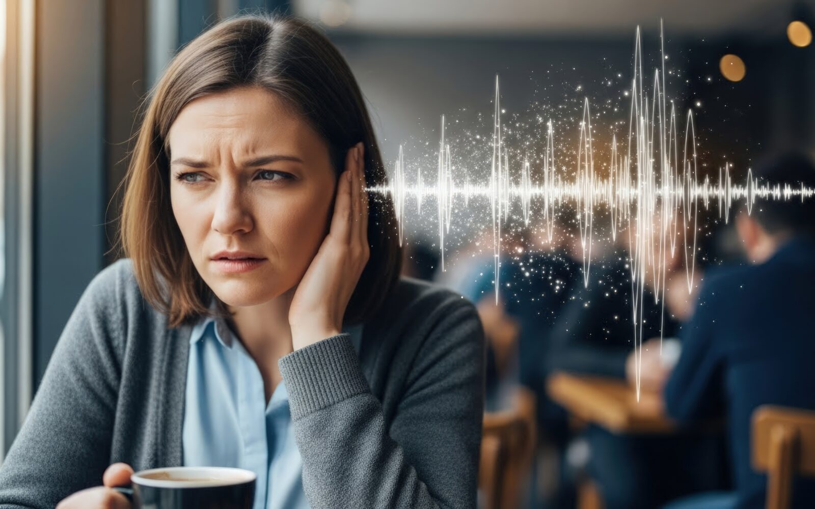 Person experiencing hearing sensitivity and ear discomfort, visualized sound waves, auditory issues, hypersensitivity, medical conditions, aural health concerns, sensory overload, internal noise,