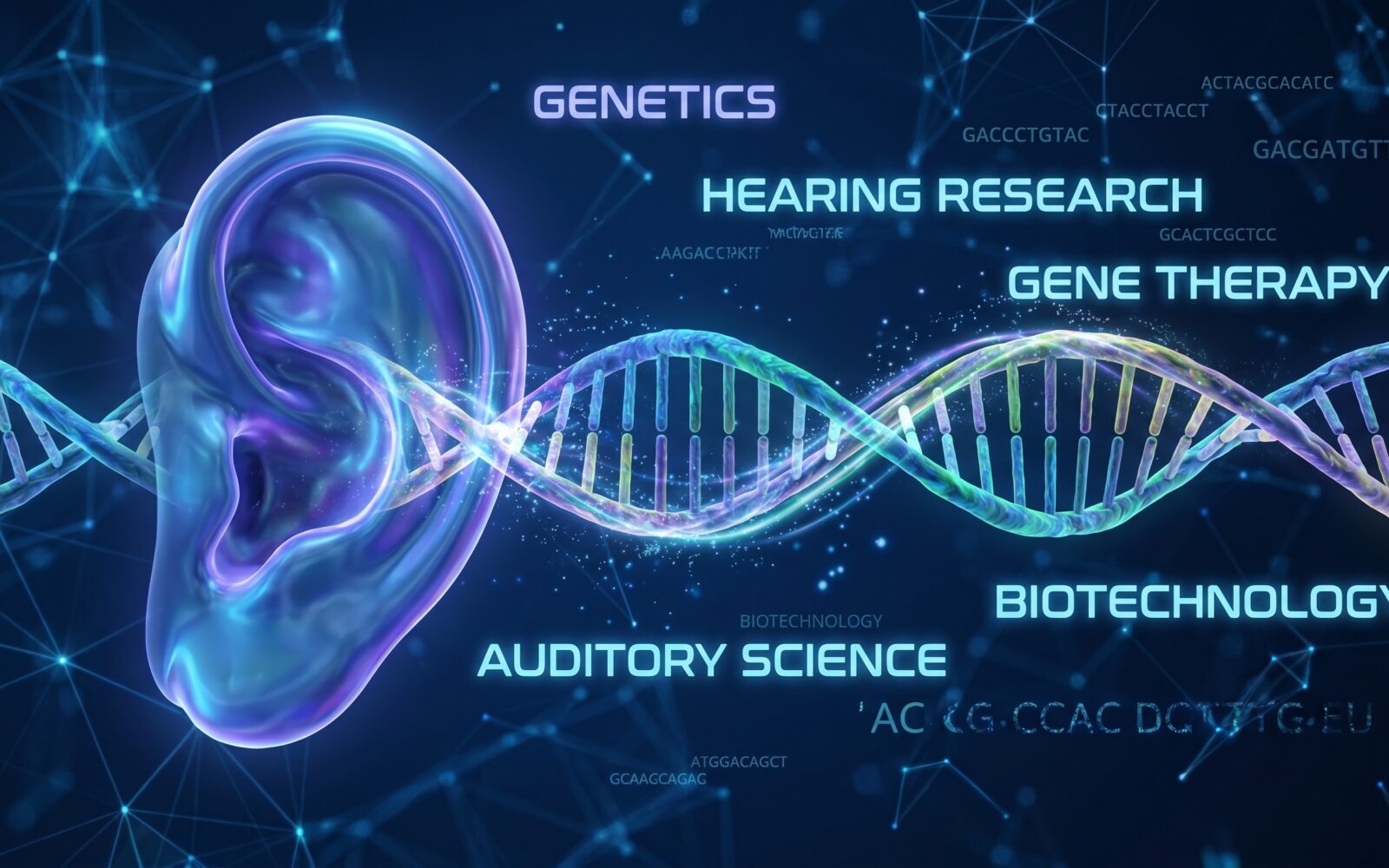 Genetic Hearing Loss as an ear with a DNA double helix symbol representing genetics and Auditory science or audiology as losing the ability to hear due to gene disorder