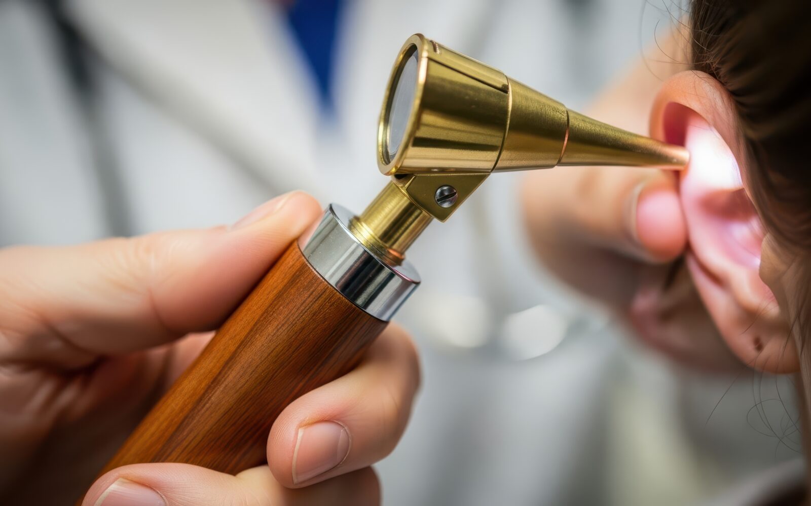 Medical professional examines patient's auditory canal using a specialized illuminated instrument