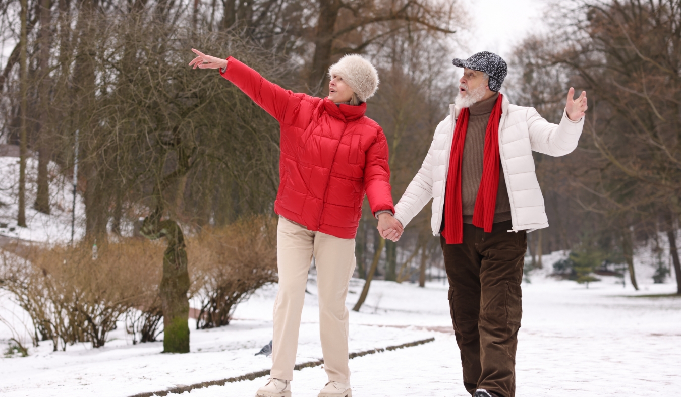 older couple walking in a park during winter