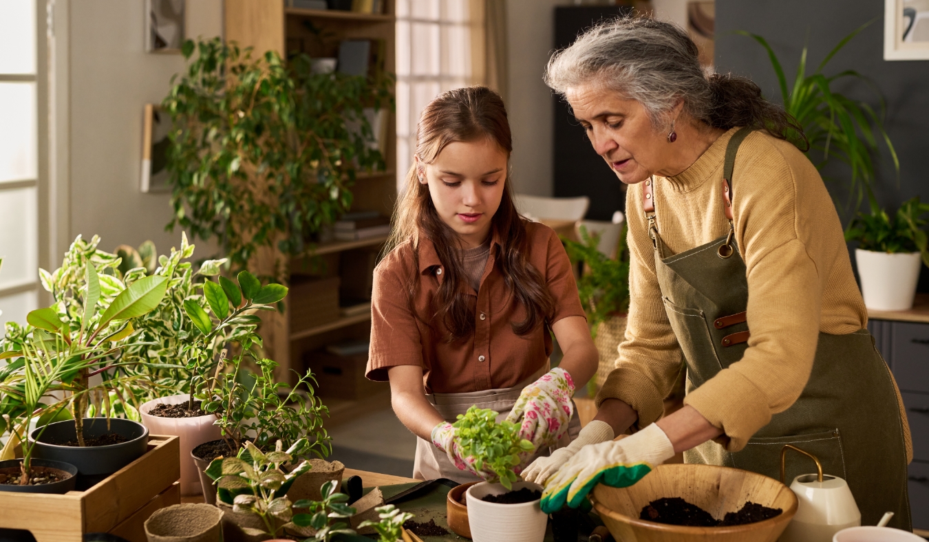 grandmother teaching granddaughter how to plant