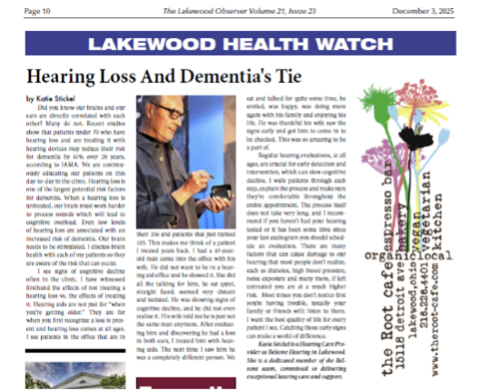 Hearing Loss and Dementia’s Tie – by Katie Stickel Beachwood OH