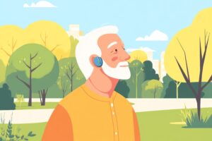 elderly man with white hair smiling with hearing aid, standing in sunny park with lush green trees world hearing day concept, healthy lifestyle poster, awareness campaign, healthcare illustration