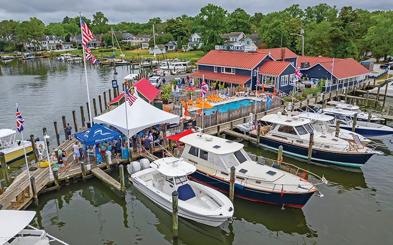 Aerial view of Blu Miles Seafood Grill and docked boats during the 2024 Bluewater Summer Cruise