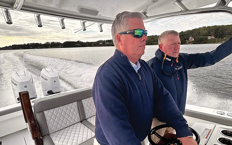 John Donoghue piloting his Valhalla V-33 alongside a friend on calm waters near Ocean Isle, North Carolina