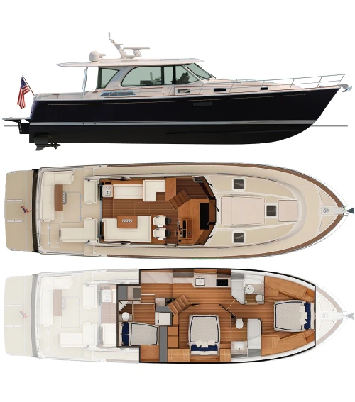 Profile and layout diagrams of the Sabre 51 showing upper deck, interior staterooms, and overall yacht configuration