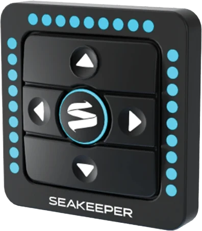 Close-up of Seakeeper Ride control panel with directional buttons and illuminated status indicators