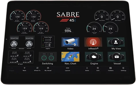 A Garmin multifunction display showing the Sabre Connect interface with digital controls for the yacht’s engine room systems