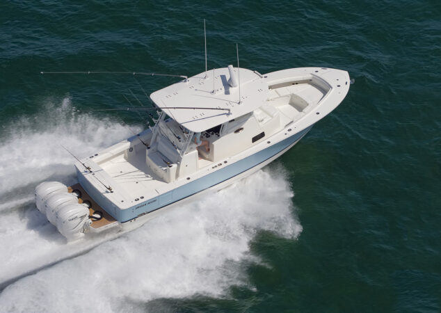 Aerial view of a Regulator 37 offshore fishing boat cruising at high speed