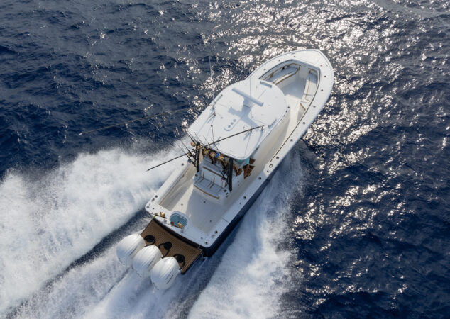 Regulator 35 running offshore, aerial stern quarter view