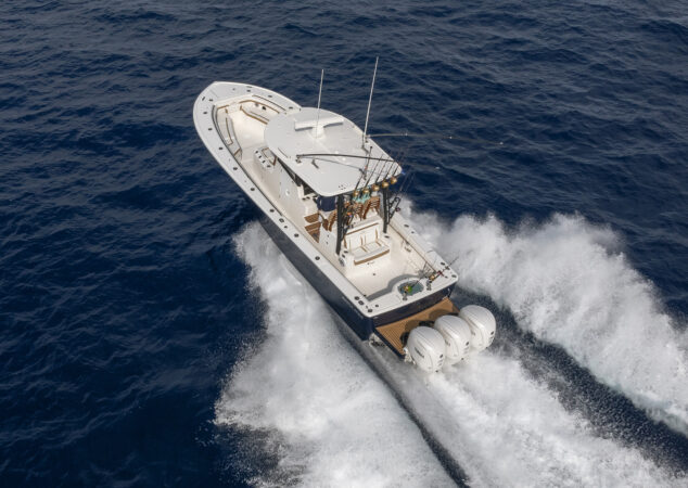 Regulator 35 sportfish boat carving through waves