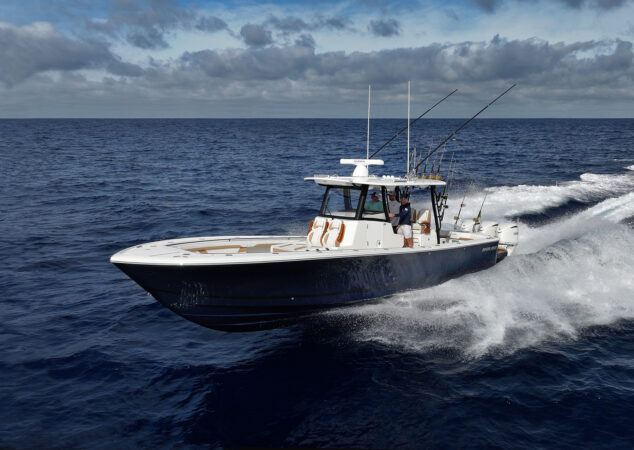 Regulator 35 running offshore, dark hull profile view