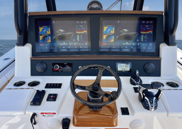 Regulator 35 helm station with Garmin displays and controls