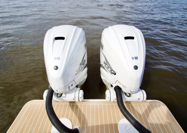 Twin Yamaha V8 XTO Offshore outboard engines on teak cockpit platform