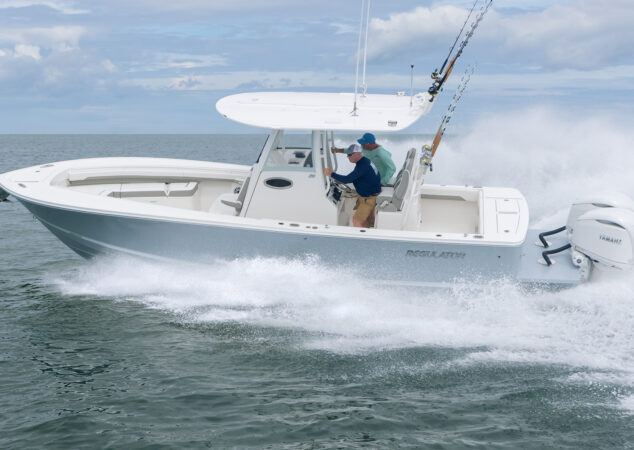Regulator 28 running on open water with twin Yamaha outboards